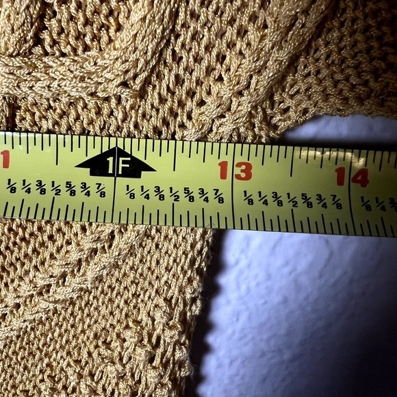 Sz XS Short-Sleeve Button-Up Blouse Mustard Yellow Open-Knit Eyelet - Picture 10 of 11